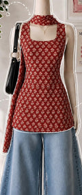 Maroon Floral Printed Sleeveless Keyhole Neck Long Top with Matching Scarf