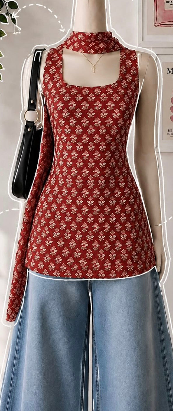 Maroon Floral Printed Sleeveless Keyhole Neck Long Top with Matching Scarf