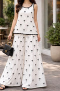 White Bow Print Sleeveless Co-Ord Set with Wide Leg Pants