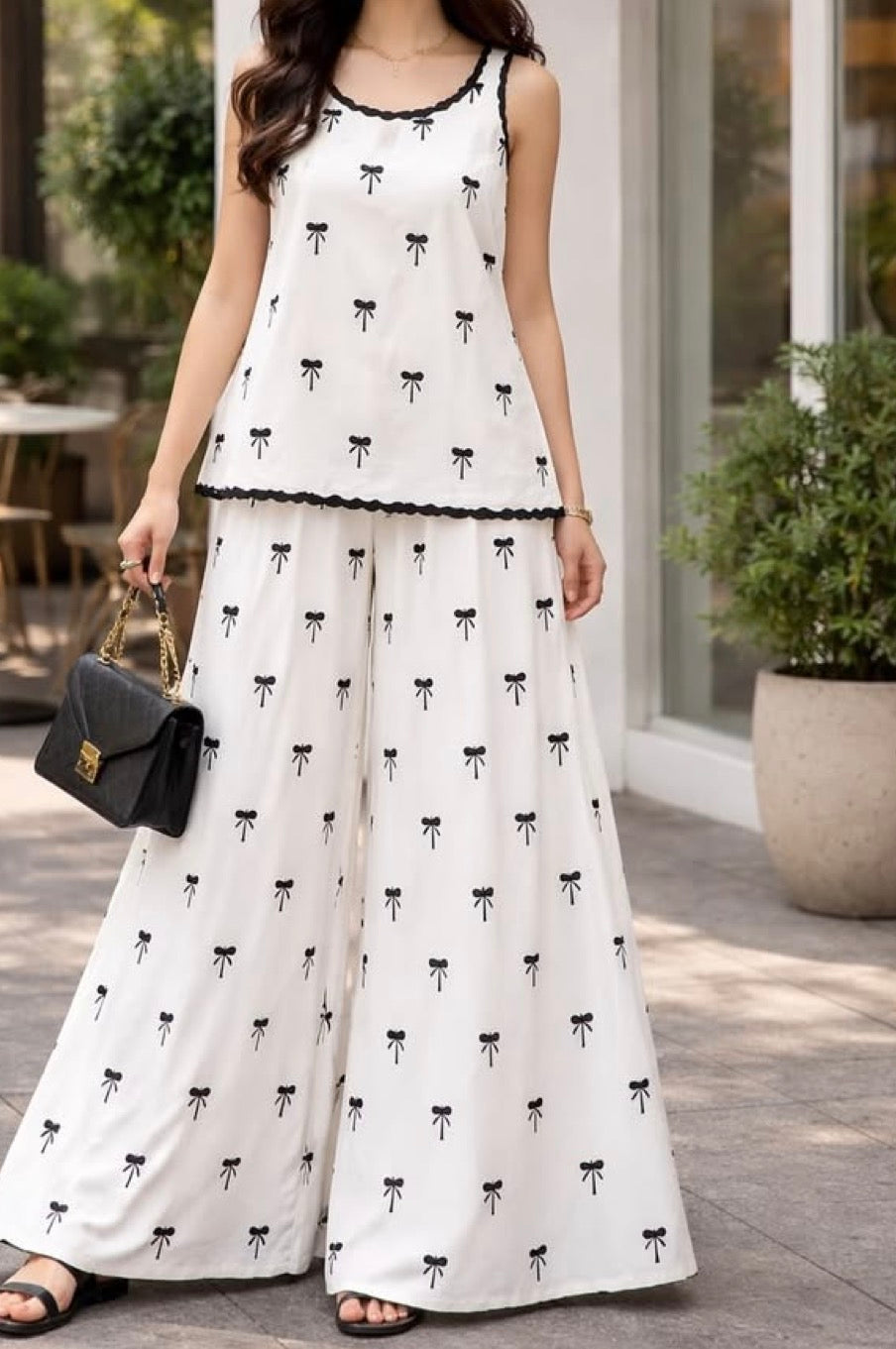 White Bow Print Sleeveless Co-Ord Set with Wide Leg Pants