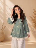 Sage Green Floral Wrap Style Kurti with White Palazzo Set